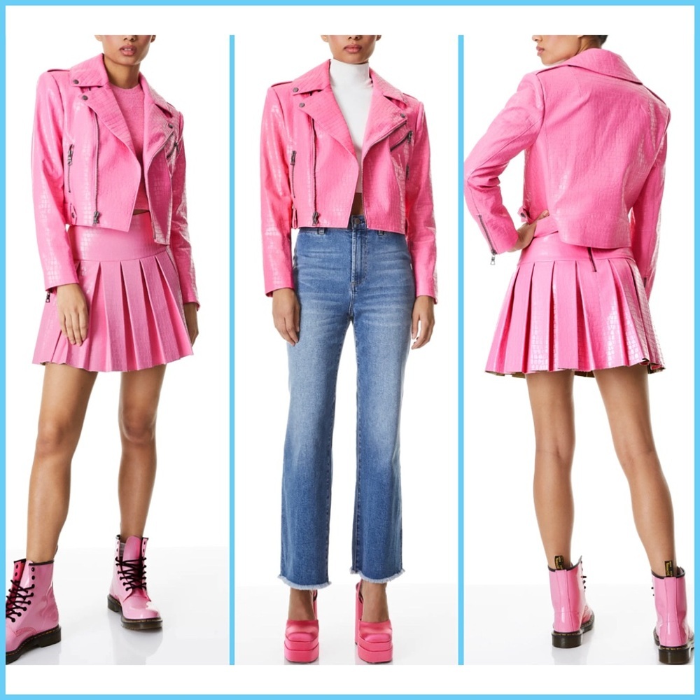 Alice + Olivia Cody Pink Vegan Leather Croc Moto Jacket - Picture 8 of 16